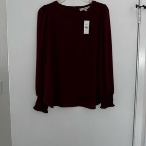 Smocked cuff long sleeve burgundy blouse